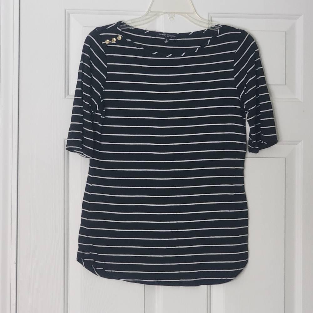 Green Envelope black + white striped woman's short sleeve t-shirt gold buttons M